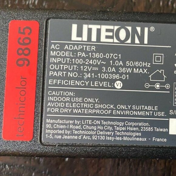 Genuine LiteOn PA-1360-07C1 Technicolor 9865 AC Charger Adapter 12V 3.0A Red Tip - Picture 2 of 2